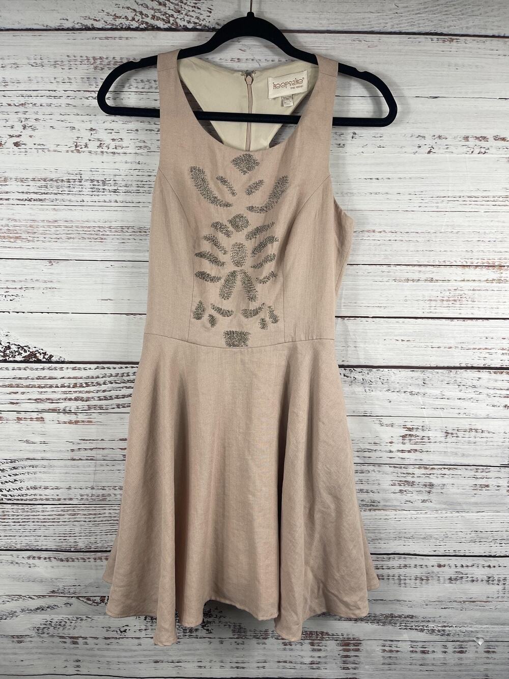 Keepsake The Label Dress Women's SZ Medium Beige Beaded Fit Flare Skater Party